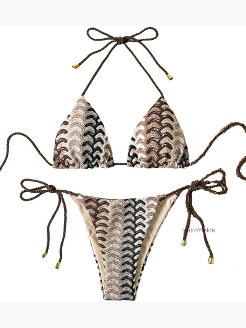 Crochet Knotted Rope Halter Triangle Bikini Set Side Tie Swimwear